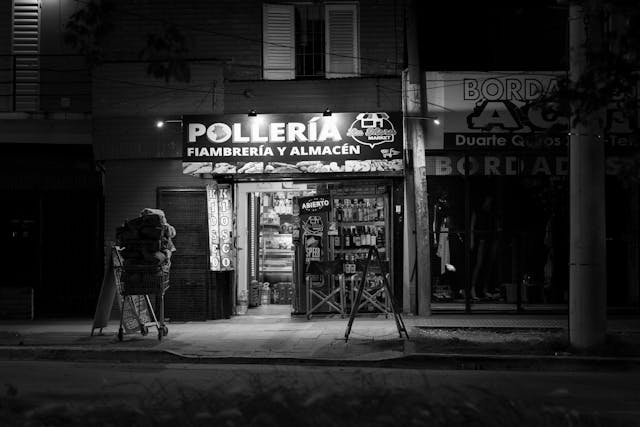 storefront signage under light